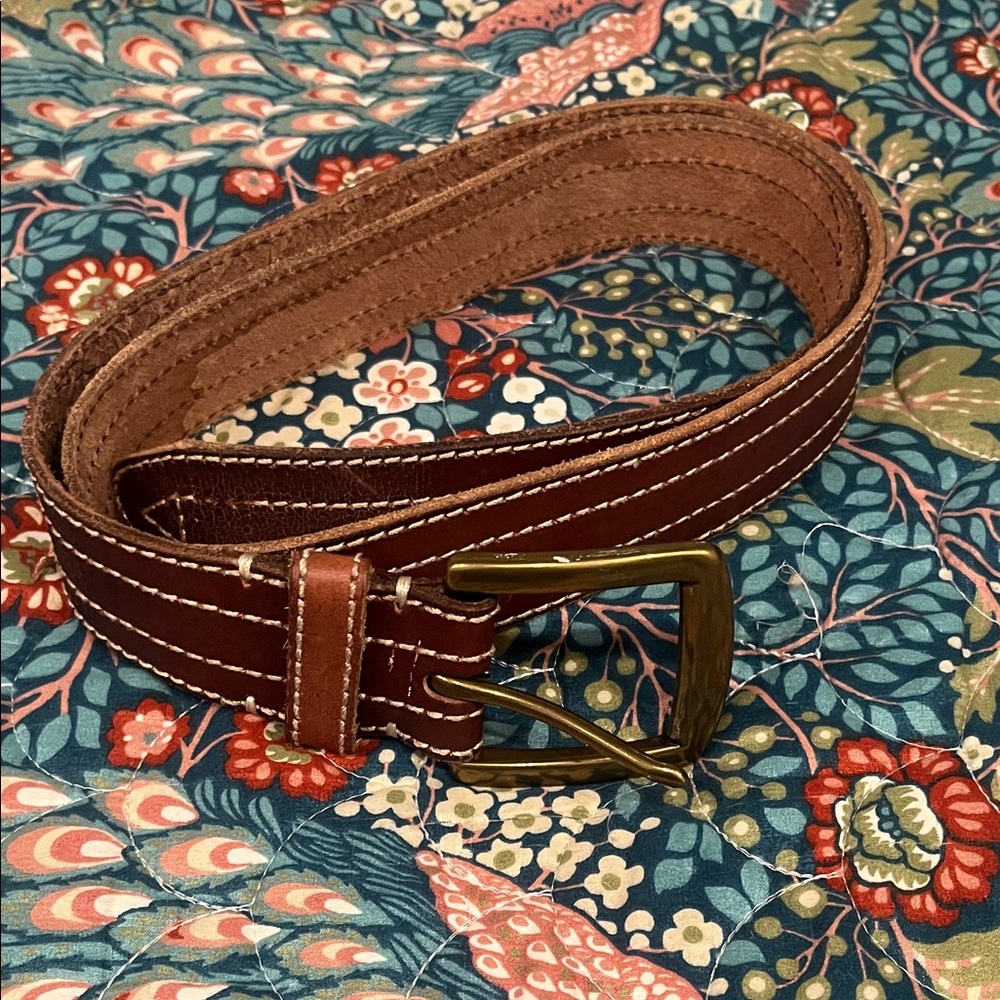 Lucky Brand Striped Stitch Leather Belt with Brass Buckle